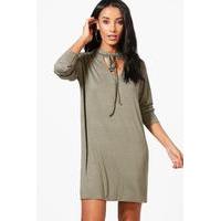 v neck choker sweat dress khaki