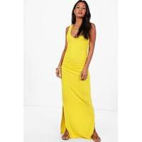 V Neck Side Split Ruched Waist Maxi Dress - yellow