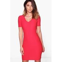 V-Neck Short Sleeve Bodycon Dress - red