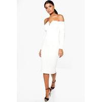 V Plunge Off Shoulder Midi Dress - cream