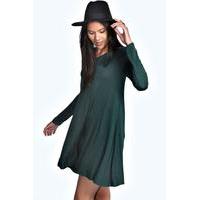 V Neck Long Sleev Swing Dress - bottle