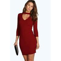 V Neck Cut Out 3/4 Sleeve Shift Dress - wine