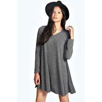 V Neck Long Sleev Swing Dress - charcoal