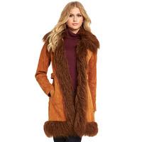 V By Very Suede Coat With Faux Mongolian Trim