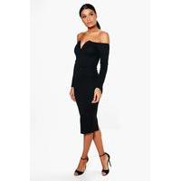 V Plunge Off Shoulder Midi Dress - black