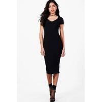 V Neck Ribbed Midi Dress - black