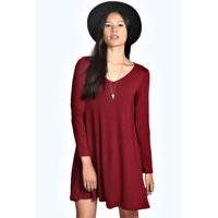 V Neck Long Sleev Swing Dress - berry