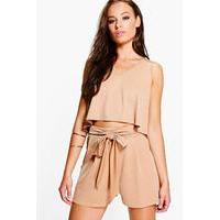 V Neck Top Tie Short Co-Ord - tan