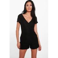 V Neck All Over Lace Playsuit - black