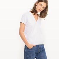 V-Neck Jacquard T-Shirt with Polka Dot Print