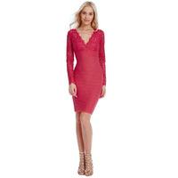 V Neck Lace Bandage Dress - Coral