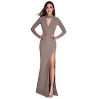 V Neck Cutout Long Sleeved Maxi Dress - Mocha