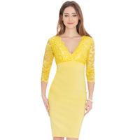 V Neck Lace Bodice Dress - Yellow