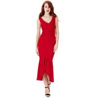 V Neck Pleated Peplum Midi Dress - Red