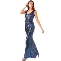 V Neck Sequin Maxi Dress with Bow Detail - Navy