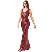 V Neck Sequin Maxi Dress with Bow Detail - Wine
