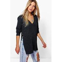 V Neck Side Split Tunic Jumper - charcoal