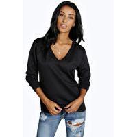 V Neck Long Sleeve Sweat Top - black