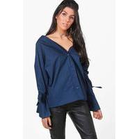 V Neck Button Through Flute Sleeve Shirt - navy