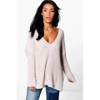 V-Neck Oversized Jumper Tunic - beige