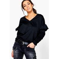 v neck ruffle sleeve sweatshirt black