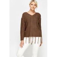 V-Neck Tassel Hem Jumper