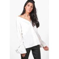 V Neck Button Through Flute Sleeve Shirt - white