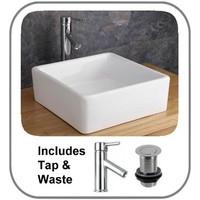 Varese 38cm by 38cm Square High Quality Counter Top Basin With Tall Tap and Waste Set