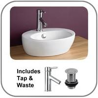 Valenca Space Saving 44cm by 34cm Oval Countertop Basin with Tap + Waste