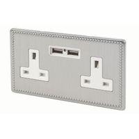 Varilight 2.1A Brushed Steel Unswitched Double Socket & 2 x USB