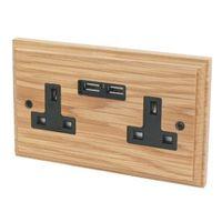 Varilight 13A Solid Oak Unswitched Double Socket & 2 x USB