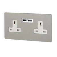 Varilight 13A Silver Brushed Steel Unswitched Socket & 2 x USB