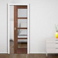 Vancouver Walnut 4L Fire Pocket Door with Clear Glass is 1/2 Hour Fire Rated and Pre-finished