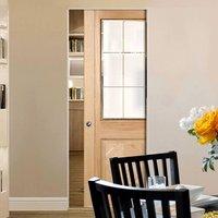 Valencia Oak Syntesis Pocket Door with Lacquer Finishing and Frosted Safety Glass with Clear Bevel Edges