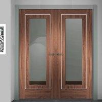 Varese Walnut Flush Door Pair with Clear Safe Glass - Aluminium Inlay - Prefinished