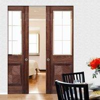 Valencia Walnut Syntesis Double Pocket Door with Lacquer Finishing and Frosted Safety Glass with Clear Bevel Edges
