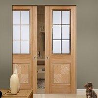 Valencia Oak Syntesis Double Pocket Door with Lacquer Finishing and Frosted Safety Glass with Clear Bevel Edges