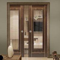 valcor walnut double pocket doors clear glass prefinished