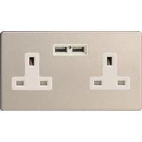 Varilight screwless 2 Gang 13A Unswitched Socket Screwless Steel C/W USB Outlets - E58985