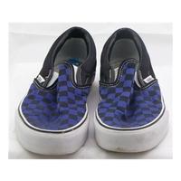 Vans, size 8.5 blue and navy checked canvas slip on shoes