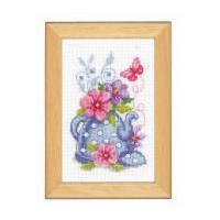 vervaco counted cross stitch kit blue tea pot flowers