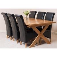 vermont solid oak extending dining table 6 black montana leather chair ...