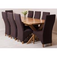 Vermont 200cm x 100cm Crossed Leg Extending Dining Table & 8 Brown Lola Fabric Chairs