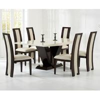 verbier 180cm cream and brown v pedestal marble table with raphael cha ...
