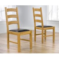 vermont solid oak and brown leather dining chairs pair