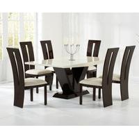 Verbier 180cm Cream and Brown V Pedestal Marble Dining Table with Verbier Chairs