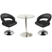 Vetro Bistro Table In Clear Glass With 2 Clinick Black Bar Stool