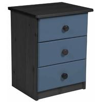 verona graphite pine and blue 3 drawer bedside cabinet