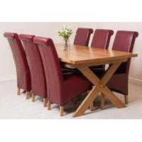 Vermont Solid Oak Extending Dining Table & 6 Burgundy Leather Chairs