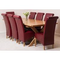 Vermont Solid Oak Extending Dining Table & 8 Burgundy Montana Leather Chairs